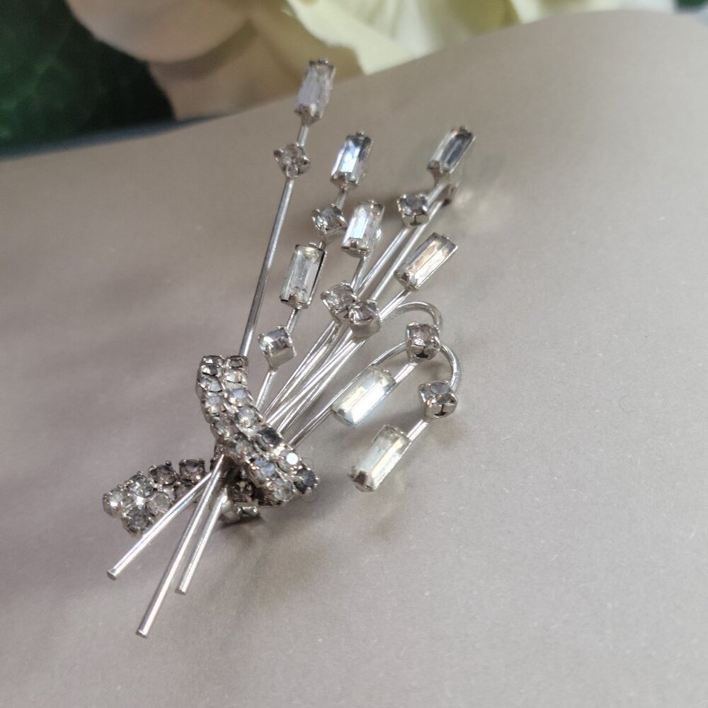 Art Deco Brooch Pin with Crystals Prong set Spray Design Rhodium Finish Unsigned